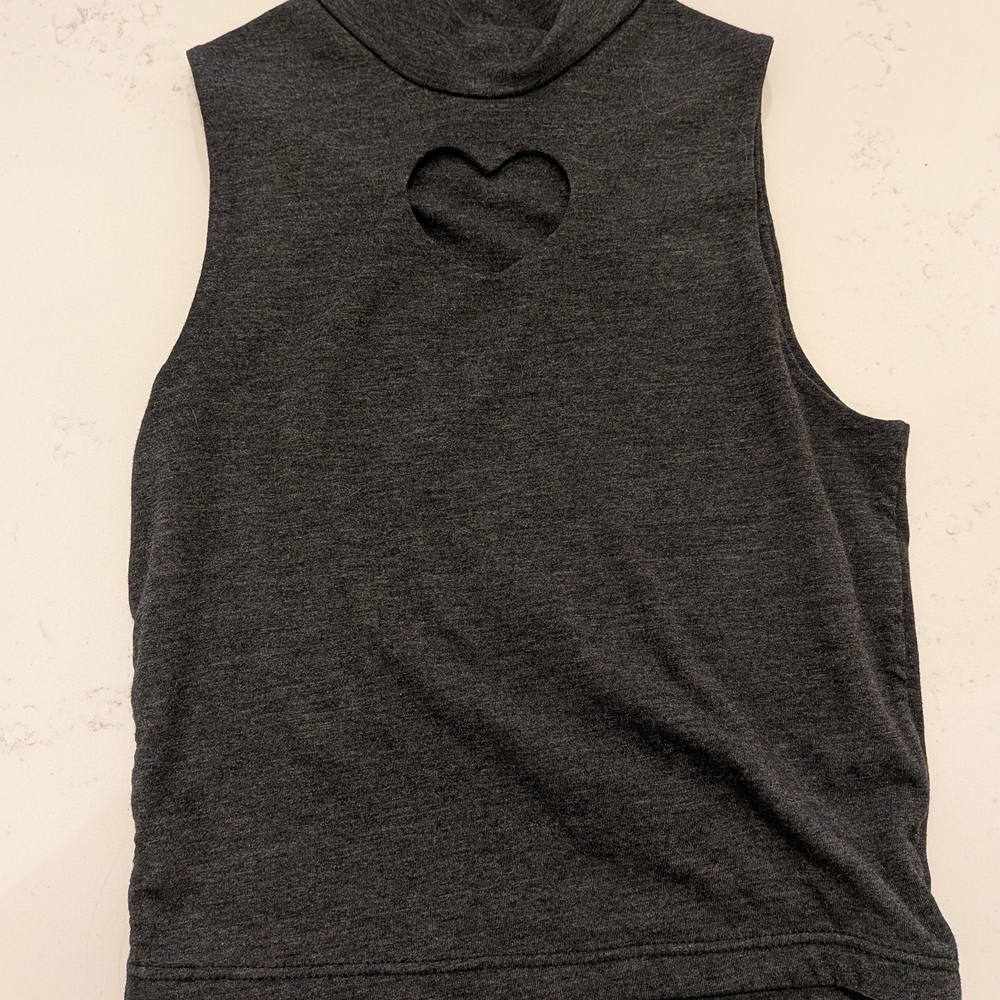 Mock Neck Sleeveless Tank with Heart Cutout - Charcoal